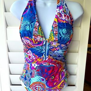 Bleu x Rod Beattie paisley halter slimming plunge one piece swim NWOT - size 6